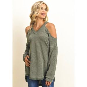 Cold Shoulder Knit Sweater Frayed Edges